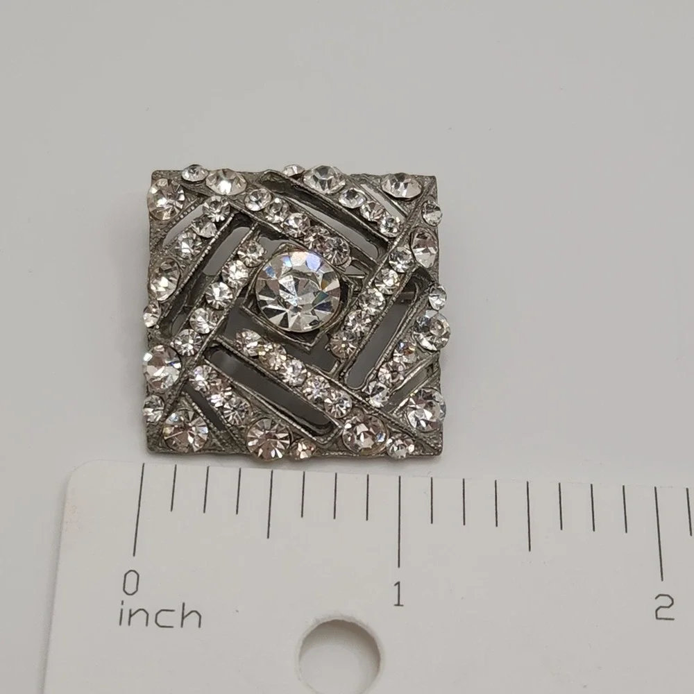 Vintage Art Deco Rhinestone Square Brooch Geometric Silver Tone Pot Metal Pin
